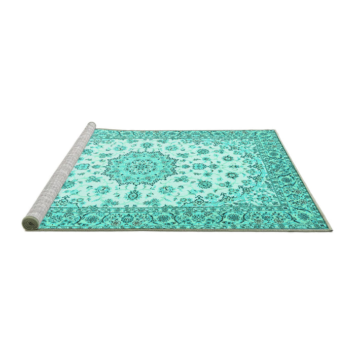 Sideview of Machine Washable Persian Turquoise Traditional Area Rugs, wshtr2645turq