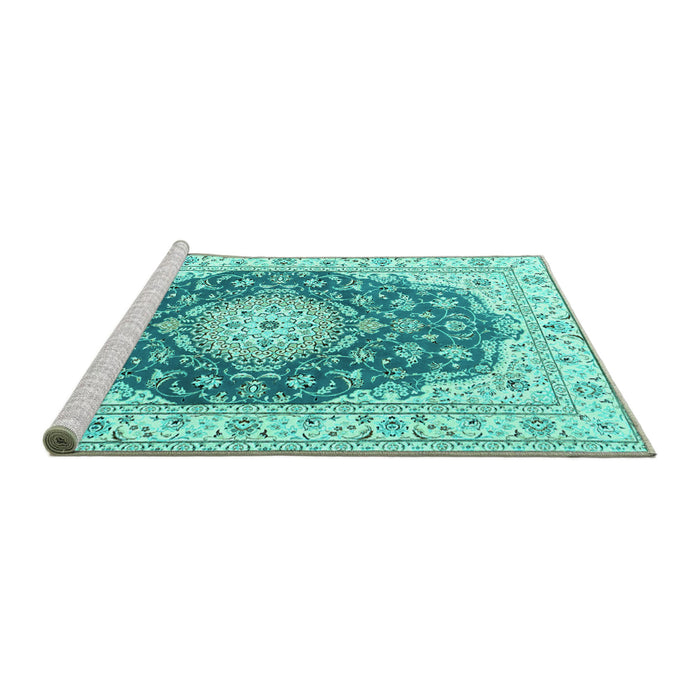 Sideview of Machine Washable Persian Turquoise Traditional Area Rugs, wshtr2646turq