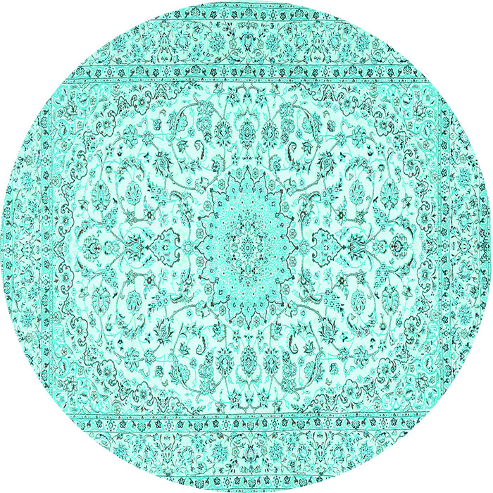 Round Machine Washable Medallion Turquoise Traditional Area Rugs, wshtr2647turq