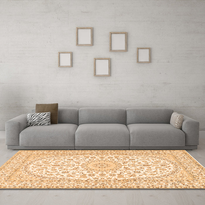 Machine Washable Medallion Orange Traditional Area Rugs in a Living Room, wshtr2647org