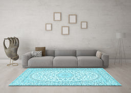Machine Washable Medallion Light Blue Traditional Rug in a Living Room, wshtr2647lblu