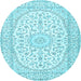 Round Machine Washable Medallion Light Blue Traditional Rug, wshtr2647lblu