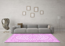 Machine Washable Medallion Pink Traditional Rug in a Living Room, wshtr2647pnk