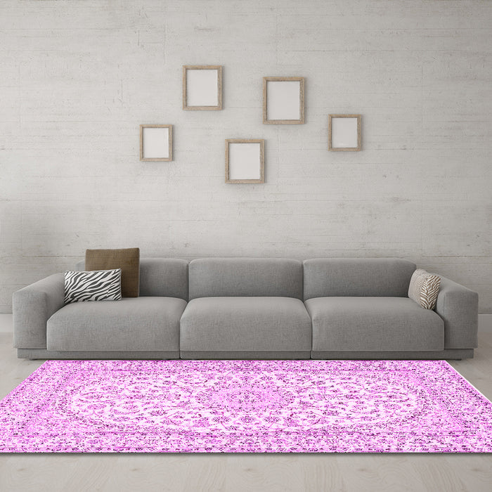Machine Washable Medallion Pink Traditional Rug in a Living Room, wshtr2647pnk
