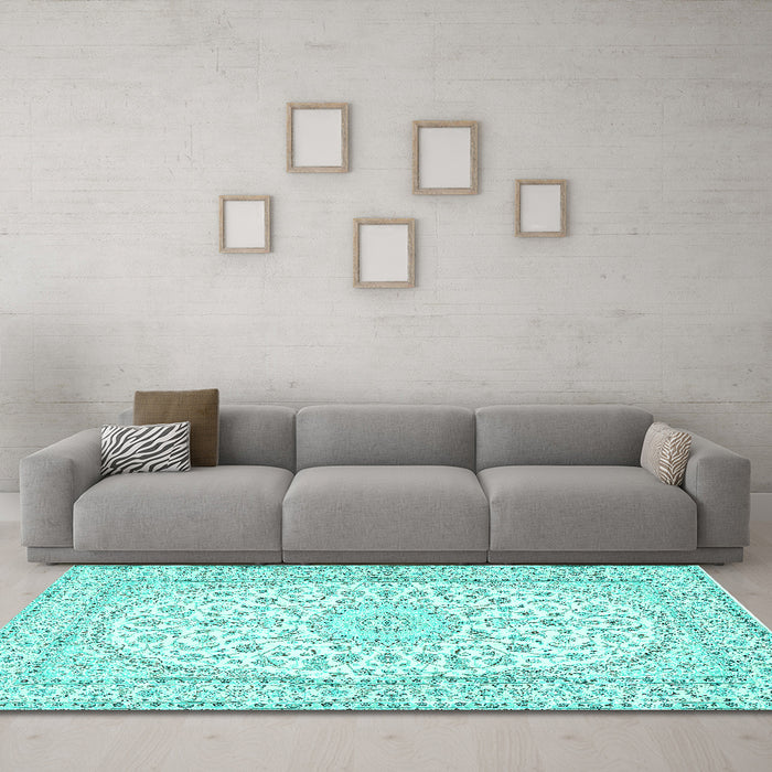Machine Washable Medallion Turquoise Traditional Area Rugs in a Living Room,, wshtr2647turq