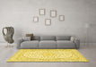 Machine Washable Medallion Yellow Traditional Rug in a Living Room, wshtr2647yw