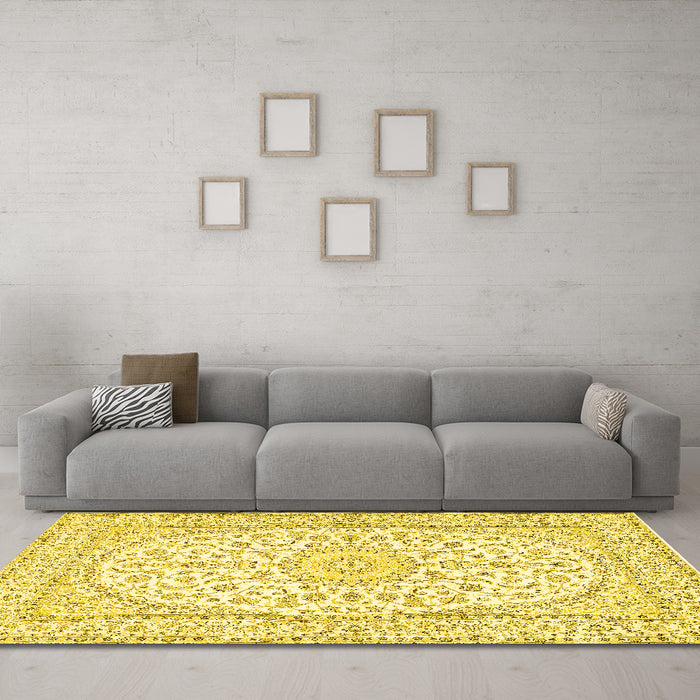 Machine Washable Medallion Yellow Traditional Rug in a Living Room, wshtr2647yw