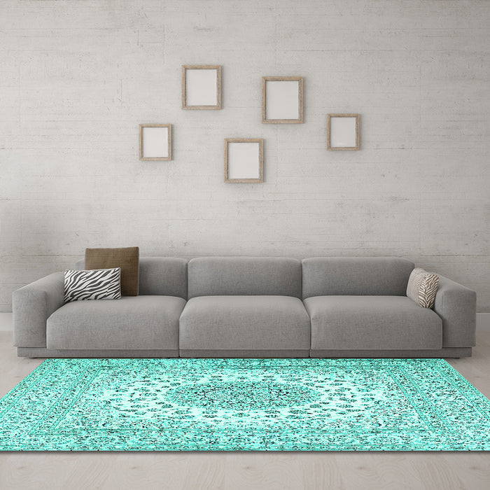 Machine Washable Medallion Turquoise Traditional Area Rugs in a Living Room,, wshtr2648turq