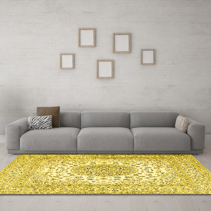 Machine Washable Medallion Yellow Traditional Rug in a Living Room, wshtr2648yw