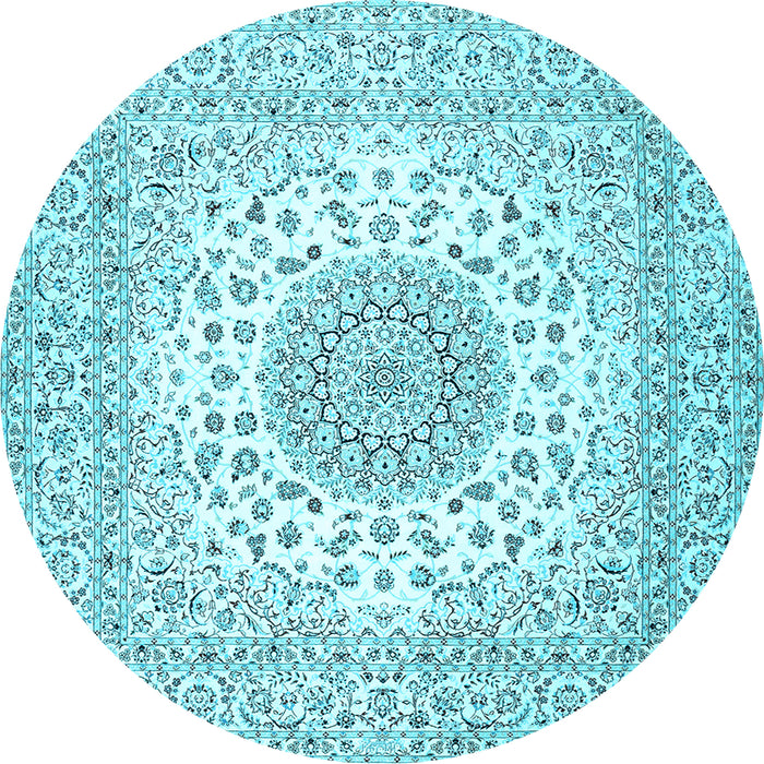 Round Machine Washable Medallion Light Blue Traditional Rug, wshtr2648lblu