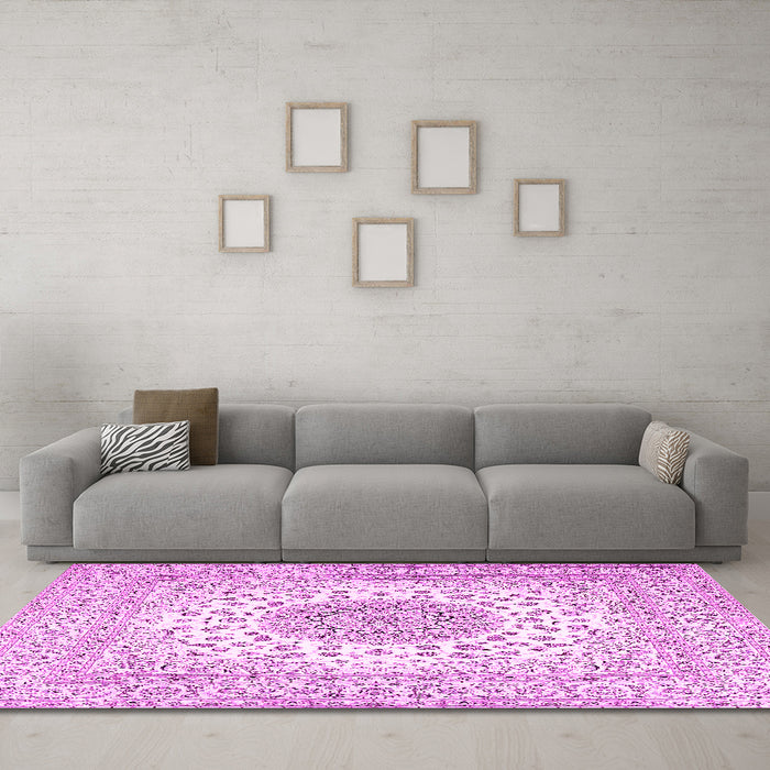 Machine Washable Medallion Pink Traditional Rug in a Living Room, wshtr2648pnk