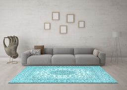 Machine Washable Medallion Light Blue Traditional Rug in a Living Room, wshtr2648lblu