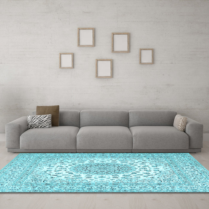 Machine Washable Medallion Light Blue Traditional Rug in a Living Room, wshtr2648lblu