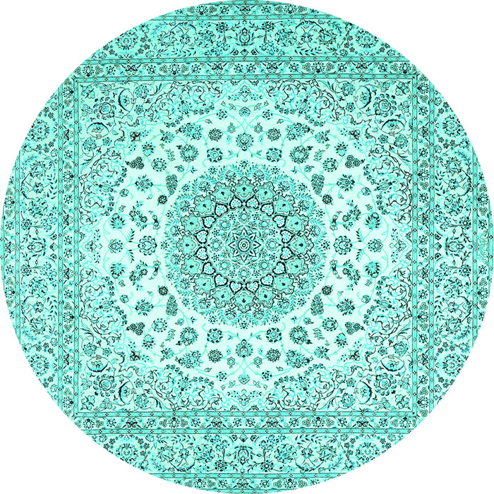 Round Machine Washable Medallion Turquoise Traditional Area Rugs, wshtr2648turq