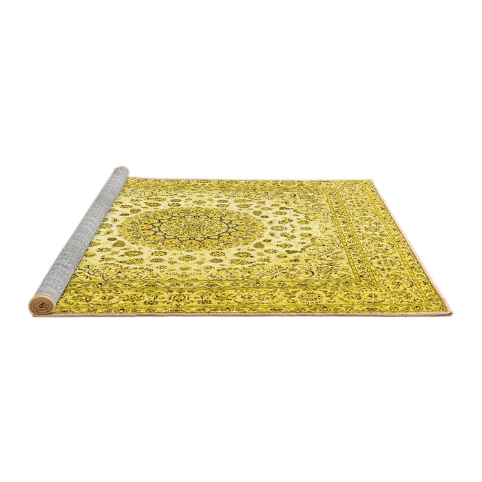 Sideview of Machine Washable Medallion Yellow Traditional Rug, wshtr2648yw