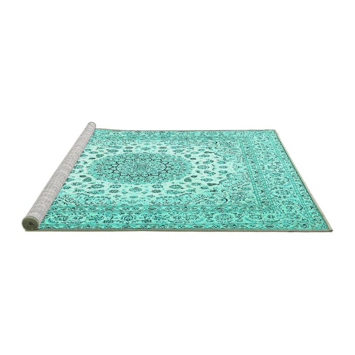 Sideview of Machine Washable Medallion Turquoise Traditional Area Rugs, wshtr2648turq