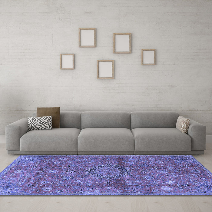 Machine Washable Medallion Blue Traditional Rug in a Living Room, wshtr2649blu