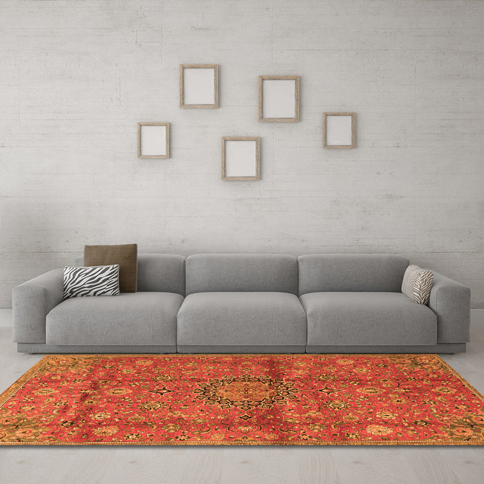 Machine Washable Medallion Orange Traditional Area Rugs in a Living Room, wshtr2649org