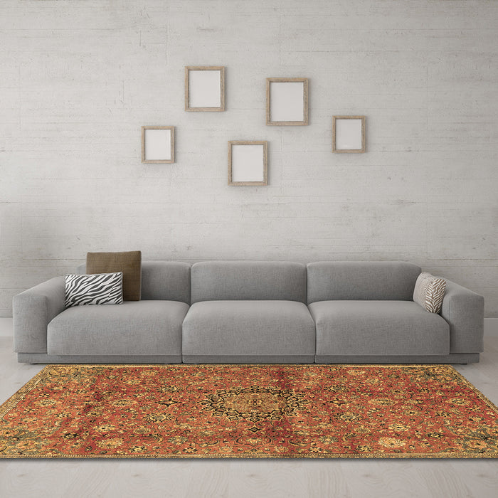 Machine Washable Medallion Brown Traditional Rug in a Living Room,, wshtr2649brn