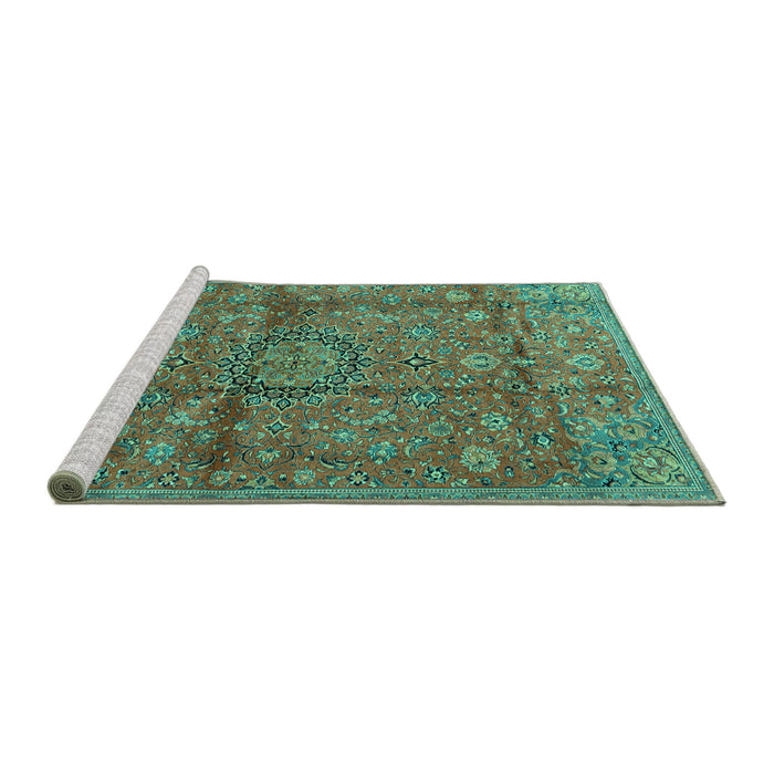 Sideview of Machine Washable Medallion Turquoise Traditional Area Rugs, wshtr2649turq