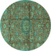 Round Machine Washable Medallion Turquoise Traditional Area Rugs, wshtr2649turq