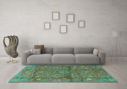Machine Washable Medallion Turquoise Traditional Area Rugs in a Living Room,, wshtr2649turq