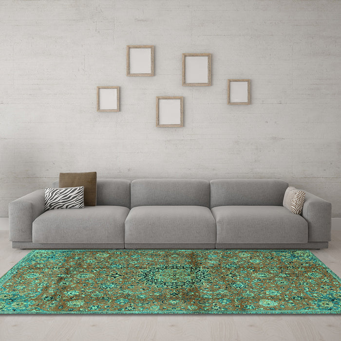 Machine Washable Medallion Turquoise Traditional Area Rugs in a Living Room,, wshtr2649turq