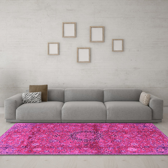 Machine Washable Medallion Pink Traditional Rug in a Living Room, wshtr2649pnk