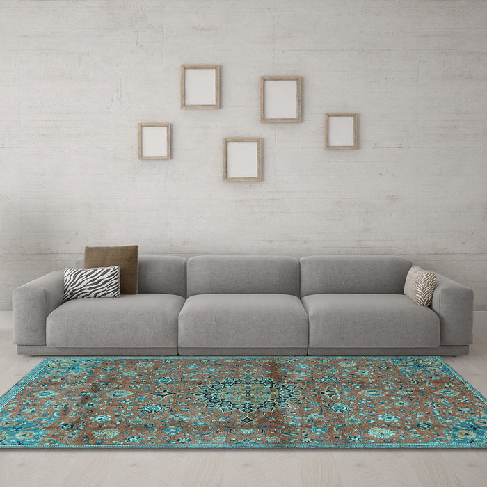 Machine Washable Medallion Light Blue Traditional Rug in a Living Room, wshtr2649lblu