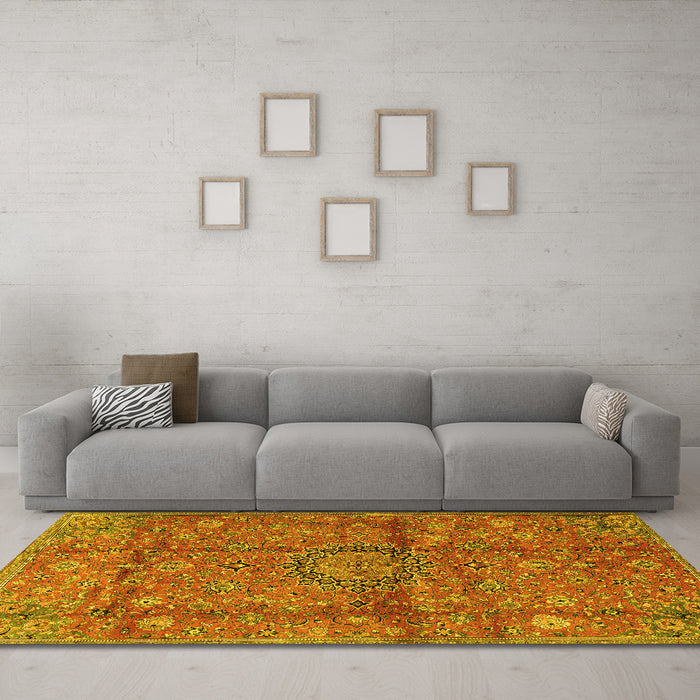 Machine Washable Medallion Yellow Traditional Rug in a Living Room, wshtr2649yw