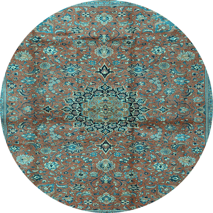 Round Machine Washable Medallion Light Blue Traditional Rug, wshtr2649lblu