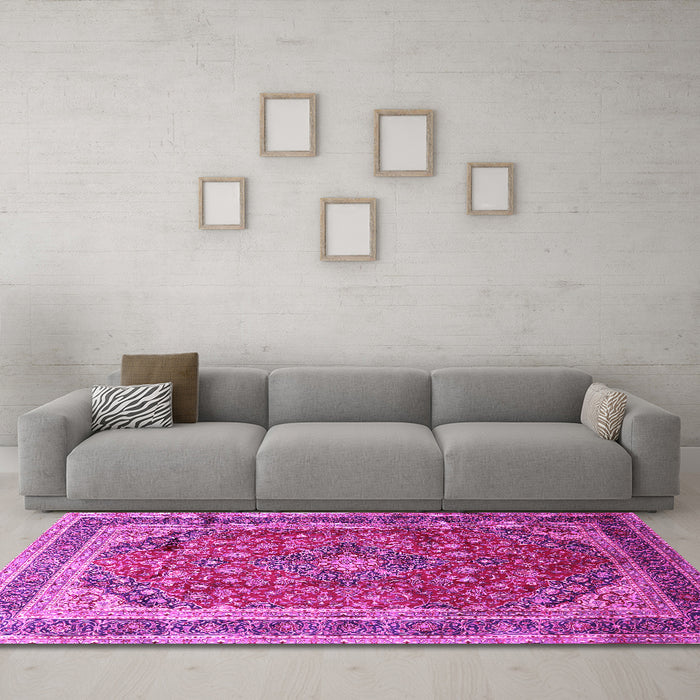Machine Washable Medallion Pink Traditional Rug in a Living Room, wshtr264pnk