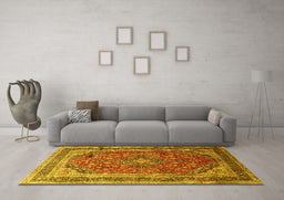 Machine Washable Medallion Yellow Traditional Rug in a Living Room, wshtr264yw