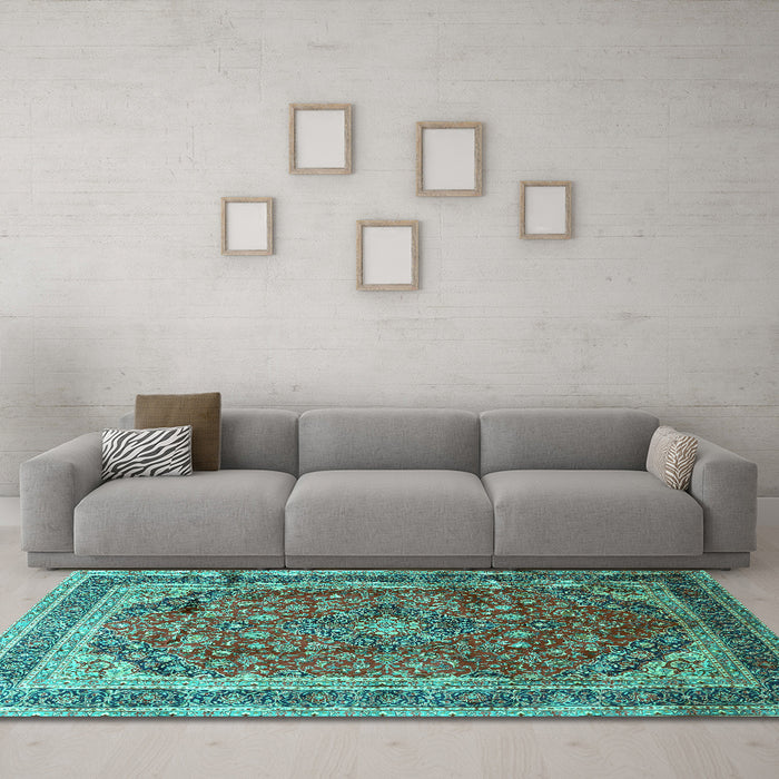 Machine Washable Medallion Turquoise Traditional Area Rugs in a Living Room,, wshtr264turq