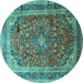 Round Machine Washable Medallion Turquoise Traditional Area Rugs, wshtr264turq