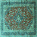 Square Machine Washable Medallion Turquoise Traditional Area Rugs, wshtr264turq