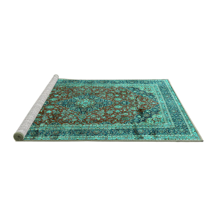 Sideview of Machine Washable Medallion Turquoise Traditional Area Rugs, wshtr264turq