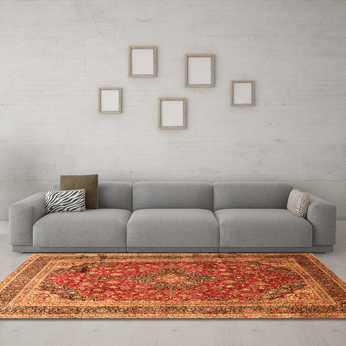 Machine Washable Medallion Orange Traditional Area Rugs in a Living Room, wshtr264org