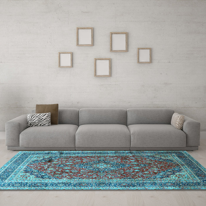 Machine Washable Medallion Light Blue Traditional Rug in a Living Room, wshtr264lblu