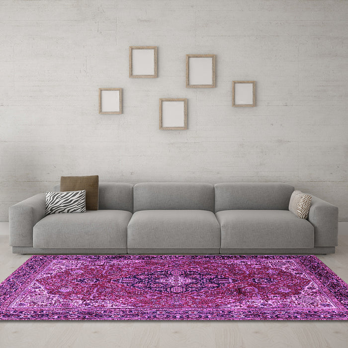 Machine Washable Medallion Purple Traditional Area Rugs in a Living Room, wshtr2650pur