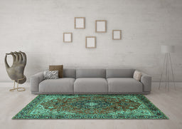 Machine Washable Medallion Turquoise Traditional Area Rugs in a Living Room,, wshtr2650turq