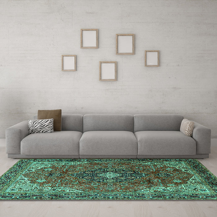 Machine Washable Medallion Turquoise Traditional Area Rugs in a Living Room,, wshtr2650turq