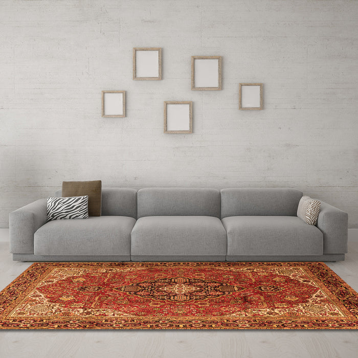 Machine Washable Medallion Orange Traditional Area Rugs in a Living Room, wshtr2650org