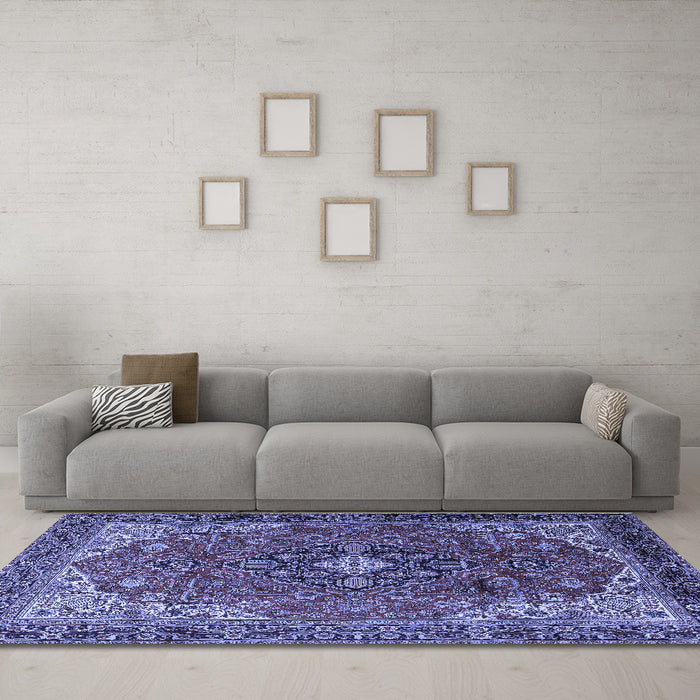 Machine Washable Medallion Blue Traditional Rug in a Living Room, wshtr2650blu