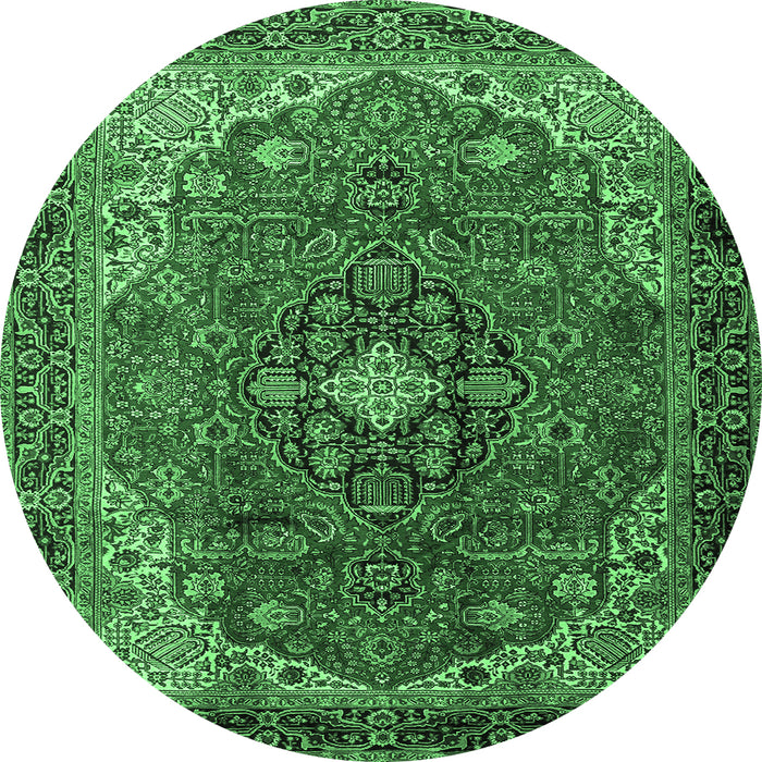 Round Machine Washable Medallion Emerald Green Traditional Area Rugs, wshtr2650emgrn