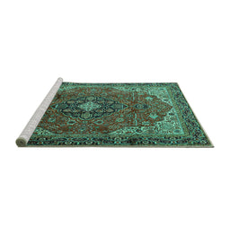 Sideview of Machine Washable Medallion Turquoise Traditional Area Rugs, wshtr2650turq