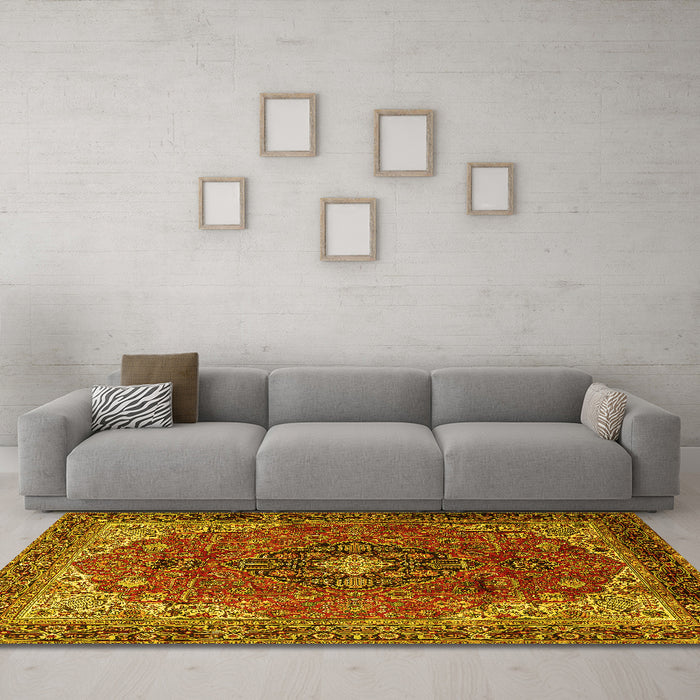 Machine Washable Medallion Yellow Traditional Rug in a Living Room, wshtr2650yw