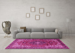 Machine Washable Medallion Pink Traditional Rug in a Living Room, wshtr2650pnk