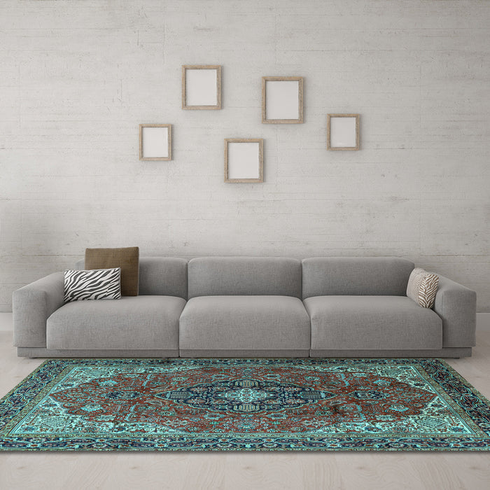 Machine Washable Medallion Light Blue Traditional Rug in a Living Room, wshtr2650lblu
