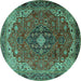 Round Machine Washable Medallion Turquoise Traditional Area Rugs, wshtr2650turq